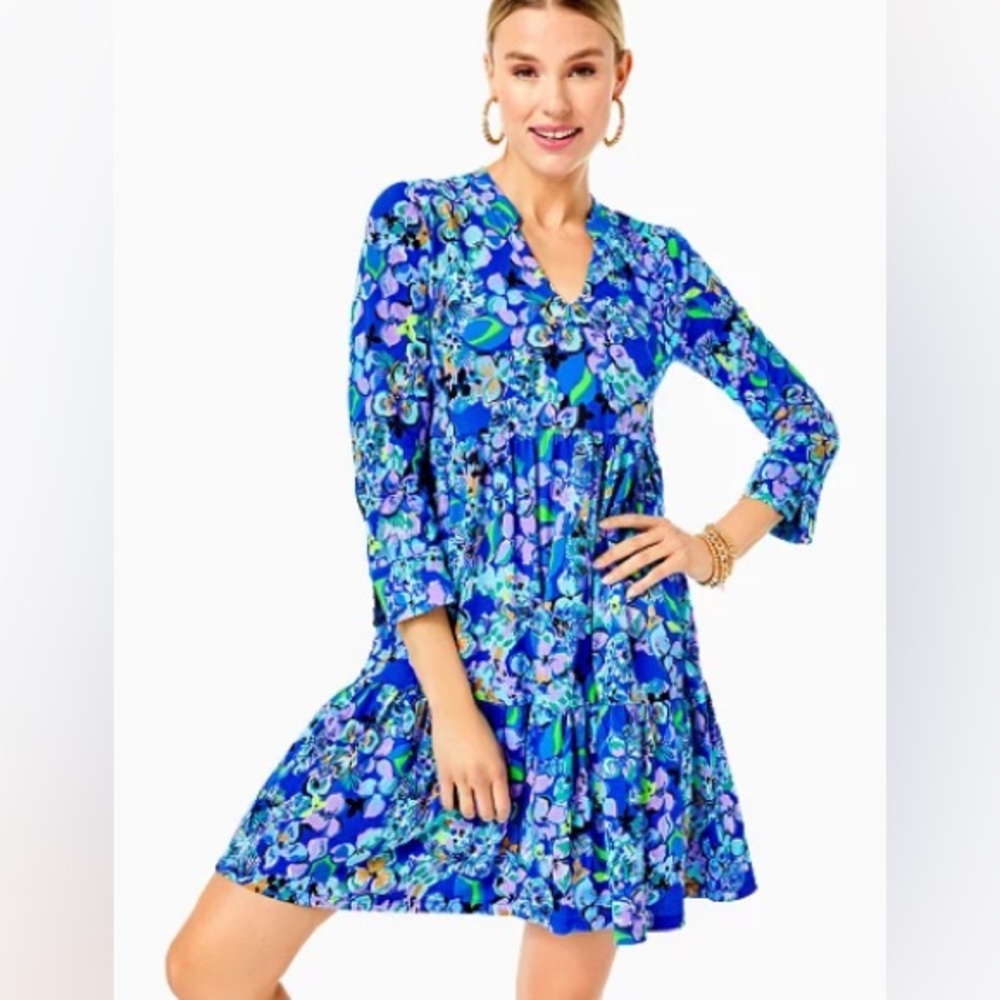 Lilly Pulitzer NWT Alaina 3/4 Sleeve Dress - Blue Grotto Twilight Tropics XL